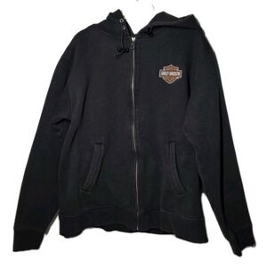 Harley Davidson Mens Large Black Fleece Hoodie Full Zip Sweatshirt Embroidered